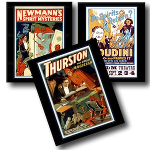 May include: Three vintage posters advertising magic shows. The top left poster is red, white, and black with the text "Newman's Wonderful Spirit Mysteries". The top right poster is blue, white, and black with the text "Do Spirits Return?" The bottom poster is red, white, and black with the text "Thurston The Great Magician" and "Houdini O-and Proves It Hows In One -Escapes -Fraud Mediums Exposed" and "Hum Theatre Sept. 2.3.4".