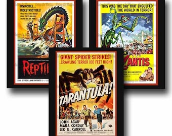 Vintage Science Fiction Horror Movie Posters  - Retro 1950's Sci Fi Monster Classic Prints - Ready To Hang Traditional Wall Art - Set of 3
