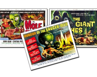 Vintage Science Fiction Horror Movie Posters  - Retro 1950's Sci Fi Monster Classic Prints - Ready To Hang Traditional Wall Art - Set of 3