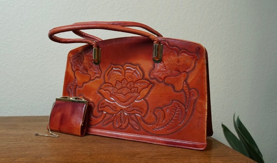 Vintage 1970s Rose Tooled Leather Handbag and Chan
