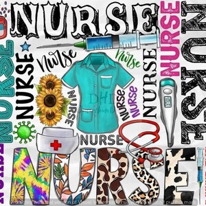 Peut inclure: Un design graphique coloré avec le mot "NURSE" répété plusieurs fois dans différentes polices et couleurs. Le design comprend un stéthoscope, une seringue, un thermomètre, un tournesol, un motif tie-dye, un imprimé léopard et une casquette d'infirmière avec une croix rouge.