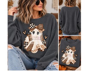 Boho Leopard and Plaid Patchwork Ghost with Coffee for Halloween/Fall Shirt Sublimation or dtf png file***DIGITAL DOWNLOAD ONLY***