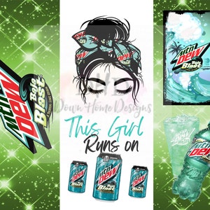 May include: A digital illustration of a woman with a bun in her hair wearing a blue and green bandana with a Mountain Dew Baja Blast logo. The text "This Girl Runs on" is below the woman's image. Three cans of Mountain Dew Baja Blast are below the text. The background is a green and white sparkly pattern.