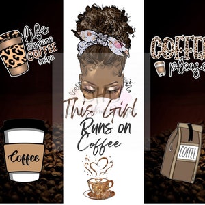 Könnte beinhalten: Eine digitale Illustration einer Frau mit braunen Haaren und Haut, die ein Stirnband trägt. Die Frau schaut nach unten mit geschlossenen Augen. Der Text "This Girl Runs on Coffee" steht unter der Frau. Im Hintergrund befinden sich Kaffeebohnen und eine Tasse Kaffee mit aufsteigendem Dampf.