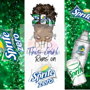 May include: A digital illustration of a woman with a headband and a green and yellow Sprite Zero can. The text "This Girl Runs on Sprite Zero" is written below the woman. The background is a green and yellow glitter pattern.