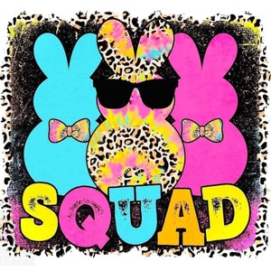 May include: Three colorful Easter bunny shaped figures with tie dye and leopard print patterns. The middle bunny is wearing sunglasses. The text "SQUAD" is written below the figures in colorful letters.
