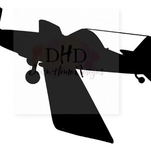 May include: Black silhouette of a small airplane with a propeller. The airplane is flying in the air with the wings tilted upwards.