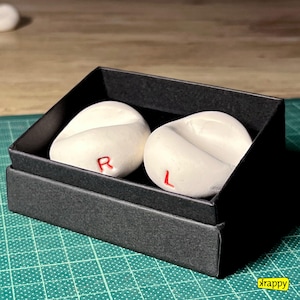 May include: Two white, rounded objects marked with red "R" and "L" letters, presented in a black, angled box. The objects have a smooth texture. The box is on a green grid surface.
