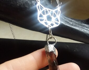 Origami cat necklace with smoky quartz