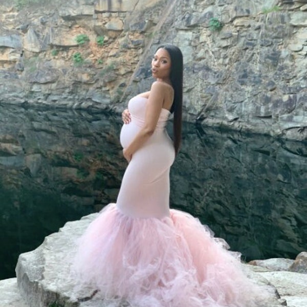 35colors~Maternity tulle mermaid~fitted strapless sweetheart gown~Maternity dress~Baby shower dress~Photography prop gown~pregnancy dress