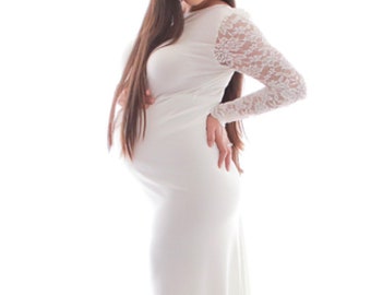 Lace sleeved Maternity gown~lace dress~Maternity photography~baby shower dress~maternity wedding dress~white lace~bridal shower dress