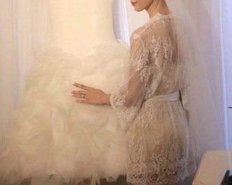 French Lace Bride Robe• bridal shower gift• bride to be• getting ready morning outfit•bride keepsake• bride camisole