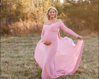 35 colors•Maternity fitted gown•maternity dress•train gown•attached chiffon•baby shower dress•photographer maternity prop•photo shoot dress