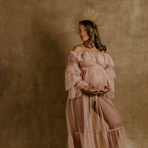 brown tulle maternity dress Tulle Maternity Dress For Photo Shoot Stretch Waist Cold Shoulder V Ne yewendress
