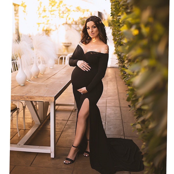 Sona gown with slit •35 colors•Sweetheart off the shoulder•maternity dress photo prop•baby shower dress•slim fitted dress•plus size•sale