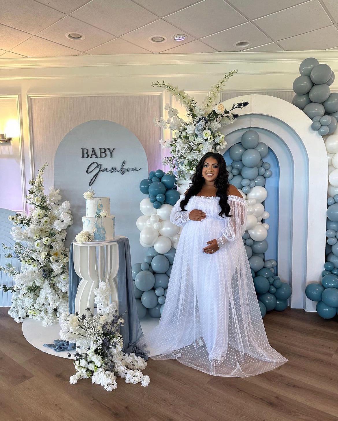 maternity bridal shower dress Silver Luxury Tulle Maternity Gown, Pregnant Guest, Baby Shower, Gender  Reveal – Chic Bump Club main image 1