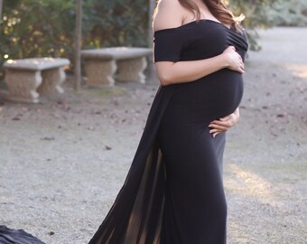 35 colors•Maternity fitted gown•maternity dress•train gown•attached chiffon•baby shower dress•photographer maternity prop•photo shoot dress