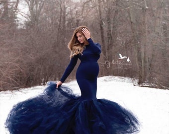 Maternity Boat neck tulle mermaid gown * Maternity dress • Photography prop gown • pregnancy dress