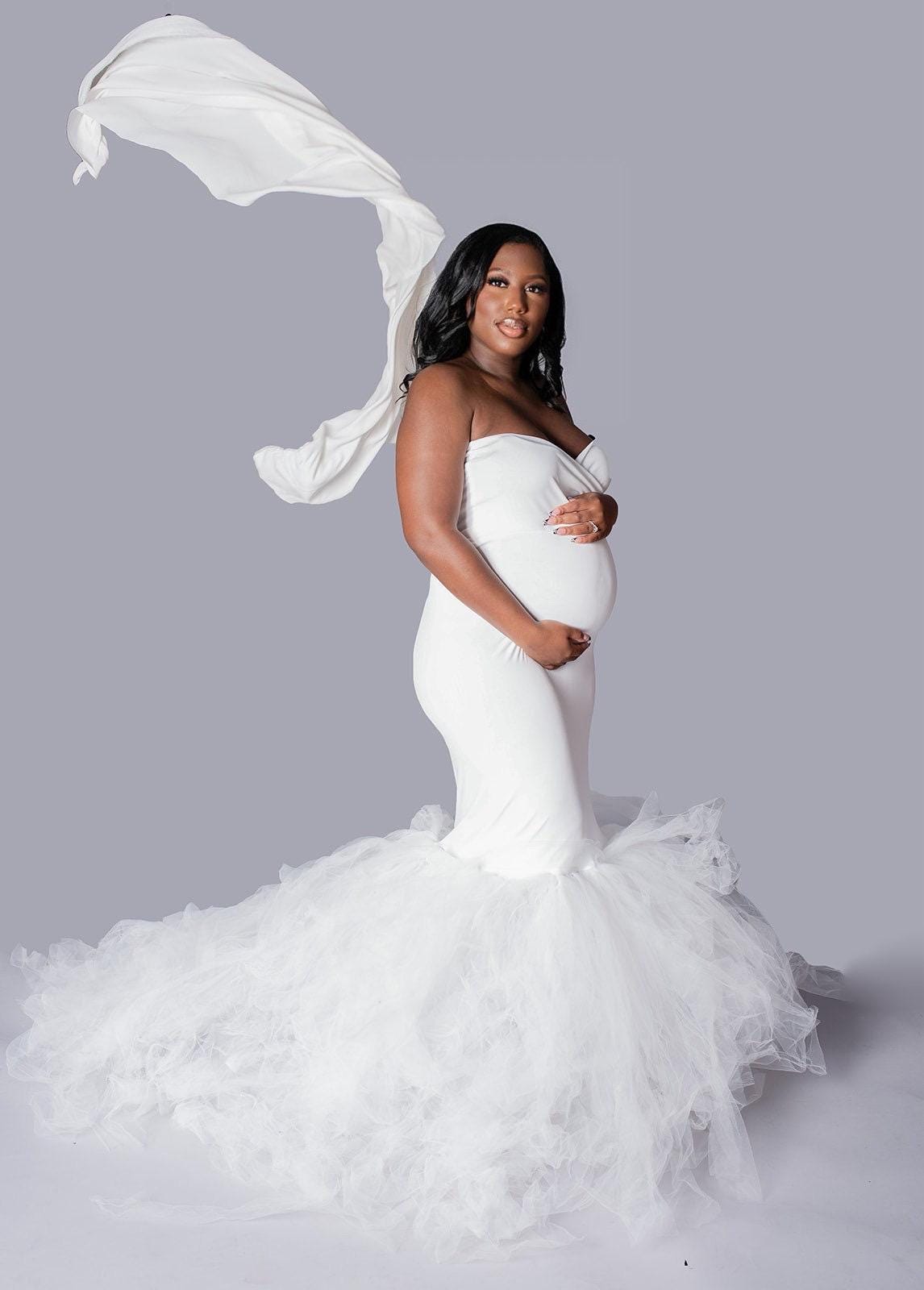 Baby Shower Guest Dress Maternity Elegant Fitted Women's Off Shoulder V  Neck Long Sleeve Dress With Train