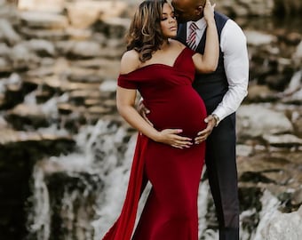 35 colors•Maternity fitted gown•maternity dress•train gown•attached chiffon•baby shower dress•photographer maternity prop•photo shoot dress