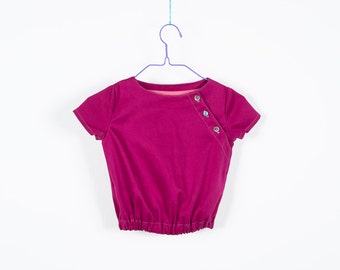 Top for girls, short sleeves, slanted button strip, cotton, comfortable elastic waist, festive, raspberry, pink, navy, beige, training