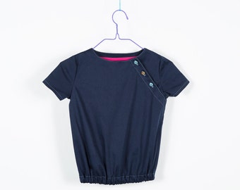 Top for girls, cotton, button strip, short sleeves, festive, elastic, dark blue, navy, beige, magenta, girl shirt, training