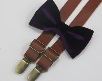 Bow tie suspenders boys men purple velvet bow ties brown leather suspenders bowtie brace toddlers,mens bowties,wedding groomsmen