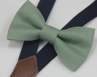 Sage green Linen Bow tie and suspenders bow tie for boys Men bowtie Navy Blue wedding Suspenders Braces Page Boy Toddler Youth Teenage adult