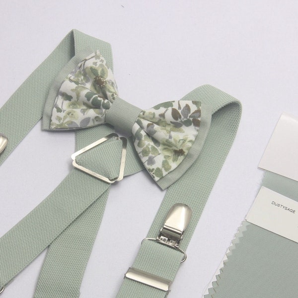 Floral dusty sage green bow tie & suspenders for men kids baby toddler boys ring bearers groomsman Wedding outfit Boy's Ring Bearer gift