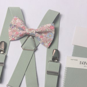 Floral bow tie & suspenders dusty sage green rose pink for kids baby  boys men ring bearers groomsman Wedding outfit Boy&#39;s Ring Bearer gift