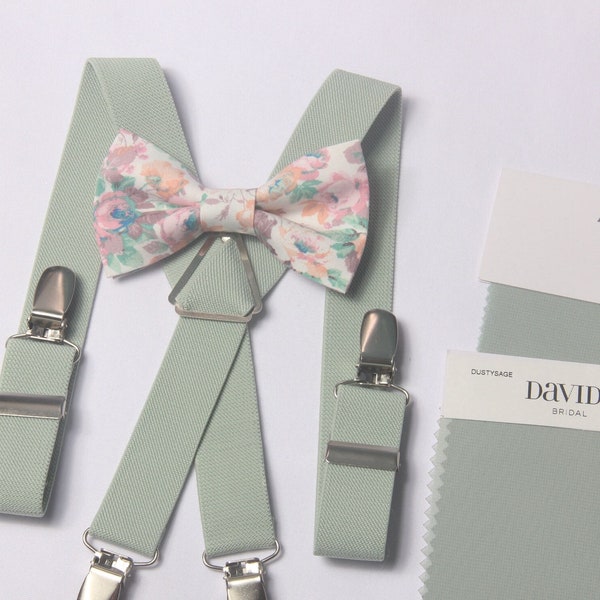 Floral bow tie & suspenders dusty sage green rose  pink for kids baby  boys men ring bearers groomsman Wedding outfit Boy's Ring Bearer gift