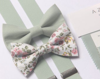 Dusty sage green bow tie & suspenders for kids baby Floral bow tie for boys men ring bearers groomsman Wedding outfit Boy's Ring Bearer gift