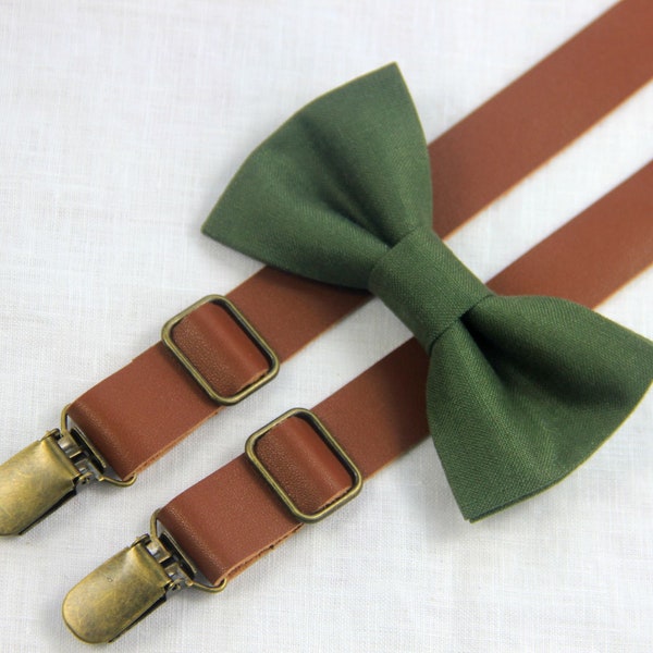 Bow tie suspenders boys men olive green  linen bow ties brown leather suspenders bowtie brace toddlers,mens bowties,wedding groomsmen