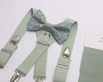 Matcha floral bow tie for men kids baby toddler boys ring bearers groomsman Wedding outfit  gift  dusty sage green suspenders and ties