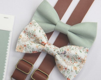 Dusty sage green  Champagne floral  bow tie  brown suspenders match DAVID'S BRIDAL for boys men  ring bearers  groomsman linen bow tie