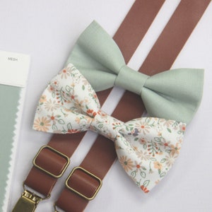 Dusty sage green  Champagne floral  bow tie  brown suspenders match DAVID'S BRIDAL for boys men  ring bearers  groomsman linen bow tie