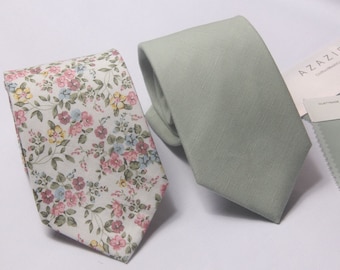 Floral neck tie, dusty sage green floral Groomsmen Tie,agave sage tie, pink green Flower tie, match David's bride Wedding tie, Men's  tie,