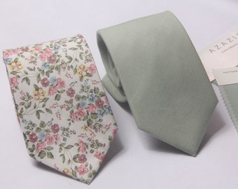 Floral neck tie, dusty sage green floral Groomsmen Tie,agave sage tie, pink green Flower tie, match David's bride Wedding tie, Men's  tie,