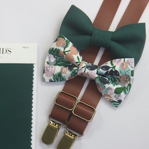 Juniper  green  floral  bow tie  brown suspenders match DAVID'S BRIDAL for boys men  ring bearers  groomsman cotton bow tie linen bow tie