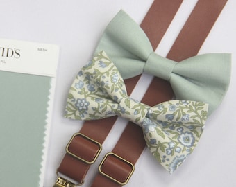 Dusty sage green  floral  bow tie  brown suspenders match DAVID'S BRIDAL for boys men  ring bearers  groomsman cotton bow tie linen bow tie