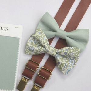 Dusty sage green  floral  bow tie  brown suspenders match DAVID'S BRIDAL for boys men  ring bearers  groomsman cotton bow tie linen bow tie