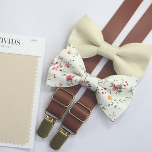 NBCHAMPAGNE  floral  man bow tie  brown suspenders match DAVID'S BRIDAL for boys  ring bearers  groomsman  champagne rose linen bow tie