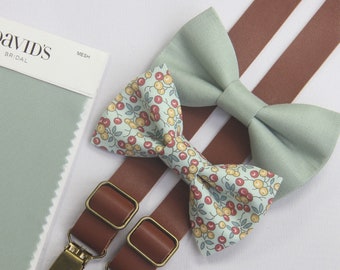 Dusty sage green  floral  bow tie  brown suspenders match DAVID'S BRIDAL for boys men  ring bearers  groomsman cotton bow tie linen bow tie