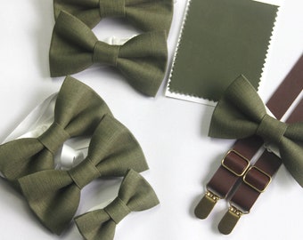 Mrtini olive  green linen bow tie and brown suspenders for boys men  ring bearers  groomsman match DAVID'S BRIDAL