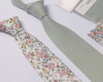 dusty sage green rose pink Floral neck tie for Men Dad on wedding,Groom Tie,agave tie, match David's bride,Men's tie,Groomsmen bow tie