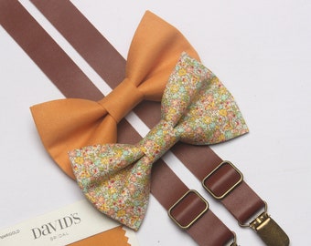 Marigold gold yellow floral bow tie man wedding bow tie brown suspenders match DAVID'S BRIDAL for boys men  ring bearers  groomsman sunflowe