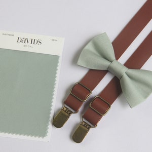 Dusty sage green  linen bow tie  brown suspenders match DAVID'S BRIDAL for boys men  ring bearers  groomsman