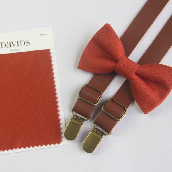 Sienna  linen bow tie  brown suspenders match DAVID'S BRIDAL for boys men  ring bearers  groomsman