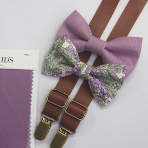 Wisteria mauve  floral  man bow tie  brown suspenders match DAVID&#39;S BRIDAL for boys men  ring bearers  groomsman  bow tie linen bow tie