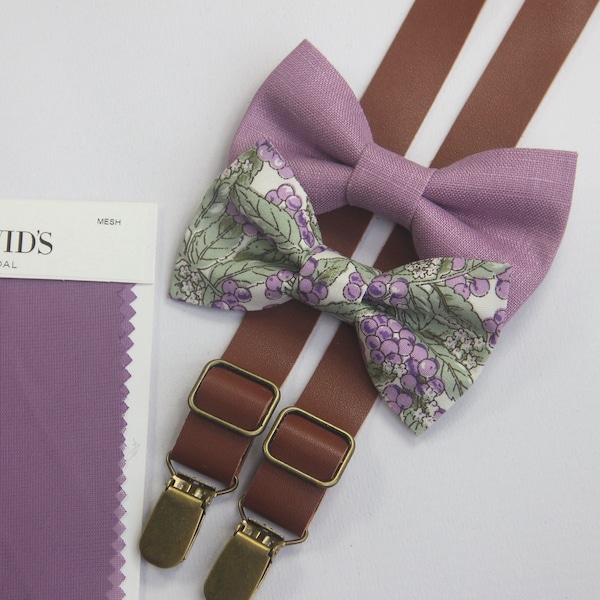 Wisteria mauve  floral  man bow tie  brown suspenders match DAVID'S BRIDAL for boys men  ring bearers  groomsman  bow tie linen bow tie